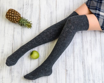 Wool socks Thigh high socks gray Knee high socks Winter knit sock Long knitted socks Over the knee socks Christmas gift for wife