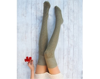 Wool socks Thigh high socks olive Knee high socks Winter knit sock Long knitted socks Over the knee socks Christmas gift for wife