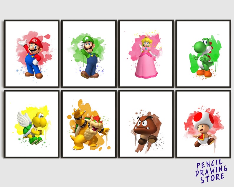 Luigi 14x11 10x8 Watercolor Mario Toad Yoshi Set of 8 Digital Print Bowser Princess Peach Koopa Goomba Instant Download A4