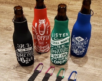 Zipper Bottle Cooler Sleeves with Funny Sayings and Carabiner Bottle Holders 3-pack, Zip Neoprene Bottle Coolers with Carabiner Clip Holder