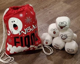 Snowball Fight Bag with 8 Silly Face Indoor Plush Stuffed Snowballs, Indoor Snowball Fight, Soft Snowballs in Drawstring Backpack