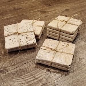 Stone Tile Coaster Set, Square Travertine Coaster Gift Set, Natural Stone Coasters, Stone Barware Coaster Set with Cork Back
