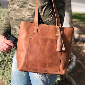 Leather Concealed Carry Tote Bag CCW Concealment Bag