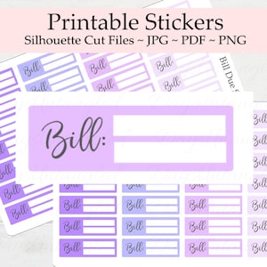 Lila druckbare Bill Due Aufkleber - Tracker - sortiert - Rechnungen bezahlen - Debt Freedom - Erin Condren - ECVP - ECLP - Silhouette Cut Files