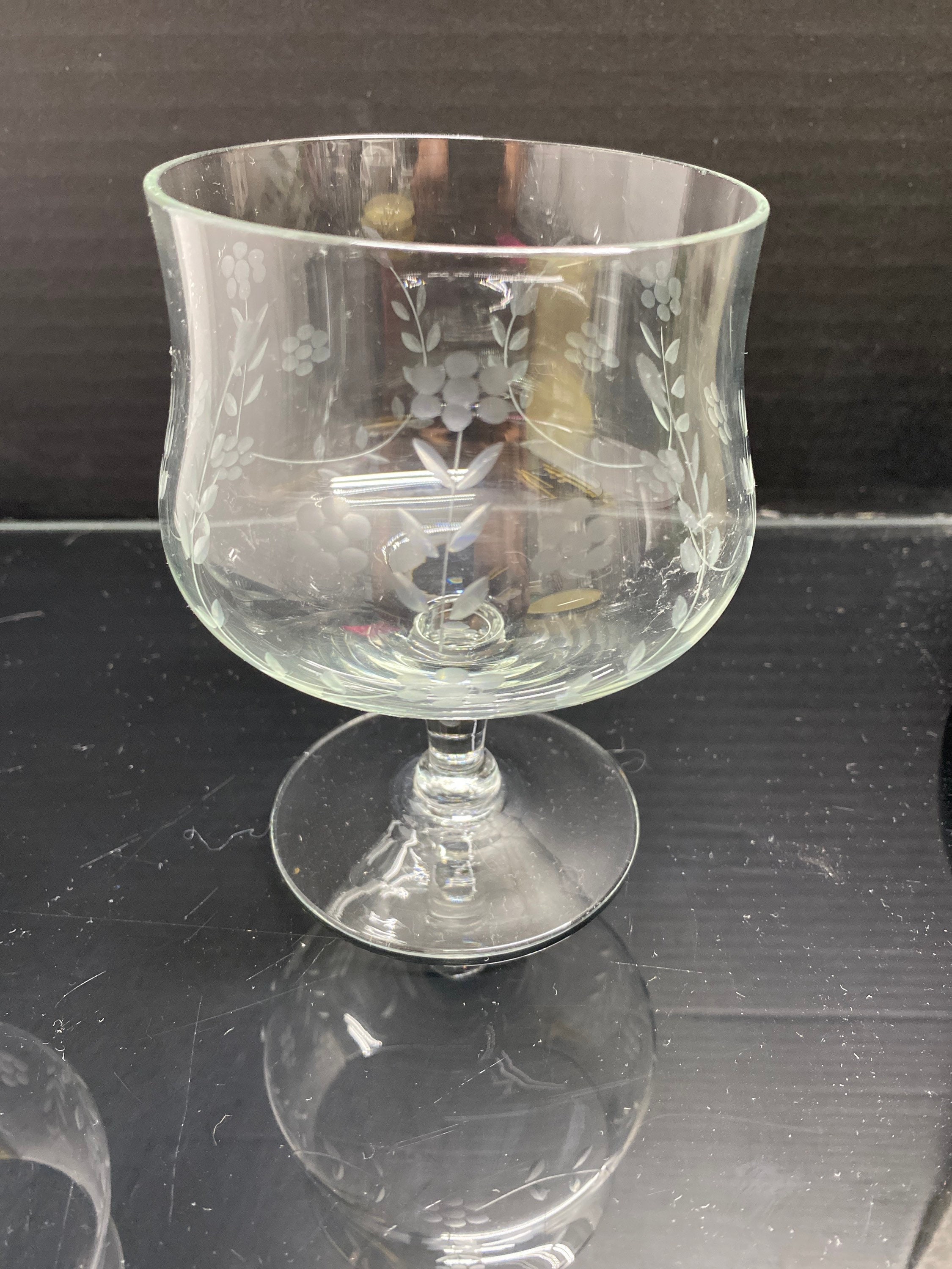 Vtg. etched snifter glass with etched flower design. Etsy