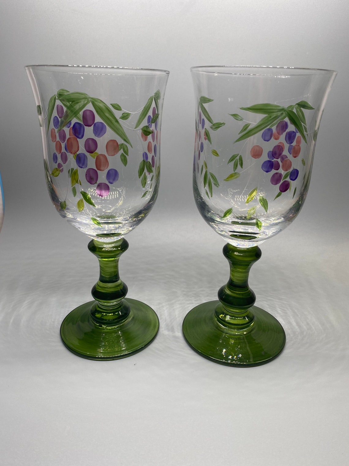 Handpainted Etched Green Stem Glasses Etsy