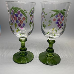 Handpainted etched green stem glasses