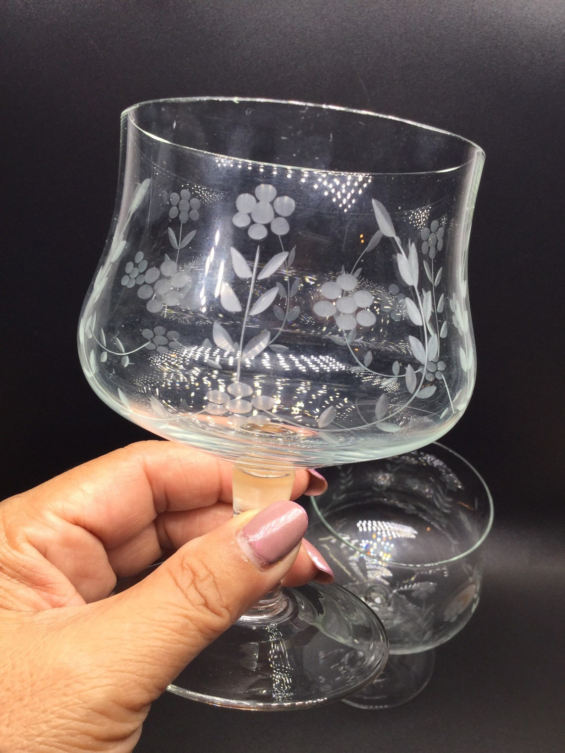 Vtg. etched snifter glass with etched flower design. Etsy
