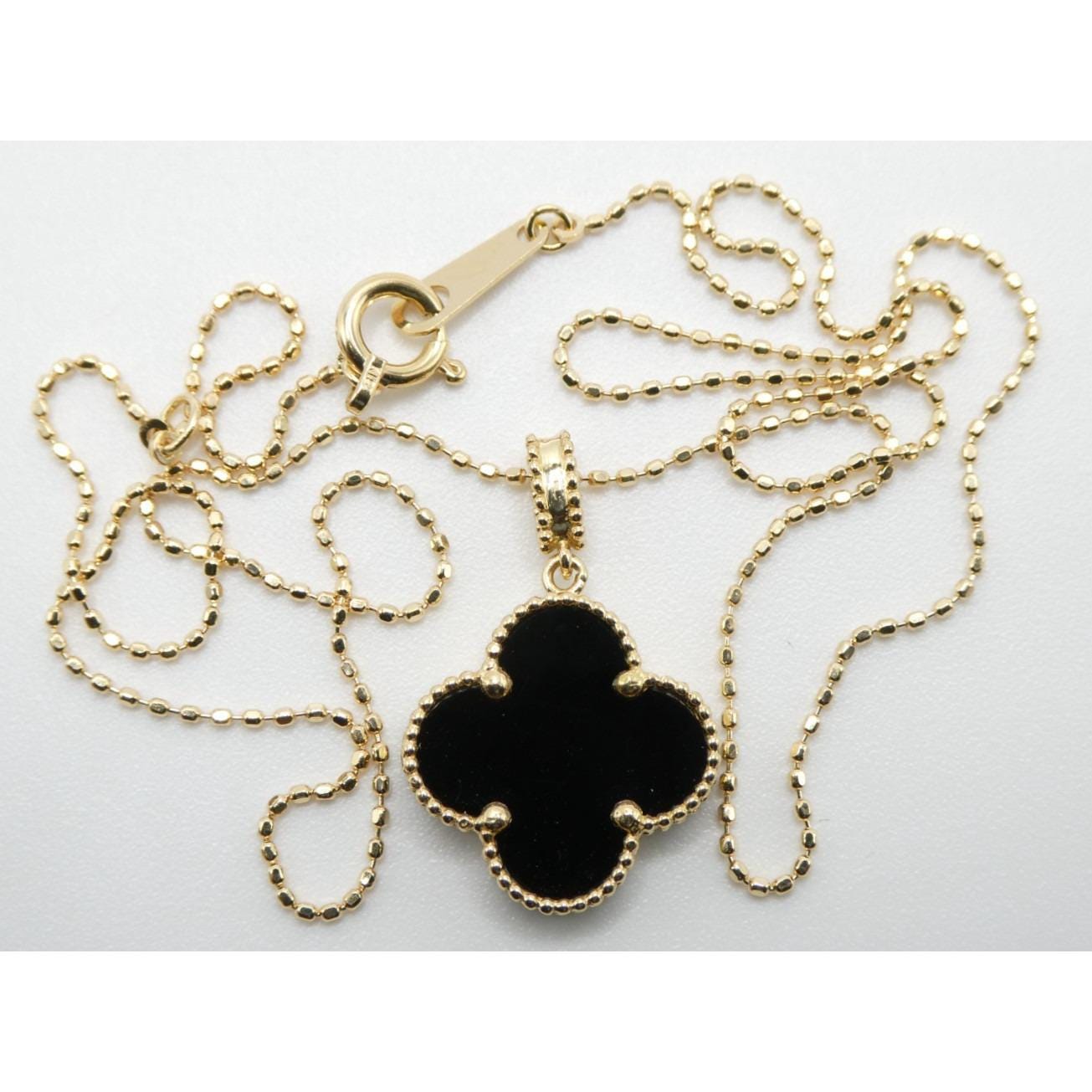 18k Yellow Gold Black Clover Pendant & Beaded Link Chain Necklace 16" 2.2g