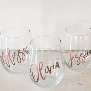 Custom Stemless Wine Glass Personalized Wine Glass Name Wine Glass Bridesdaid Wine Glass Party Favor Glass Bachelorette Glass image 1