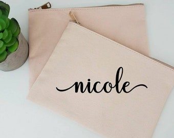 Custom Name Makeup Bag: Large Blush Pink Canvas Cosmetic Bag