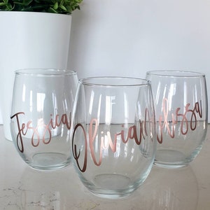 Custom Stemless Wine Glass Personalized Wine Glass Name Wine Glass Bridesdaid Wine Glass Party Favor Glass Bachelorette Glass image 2