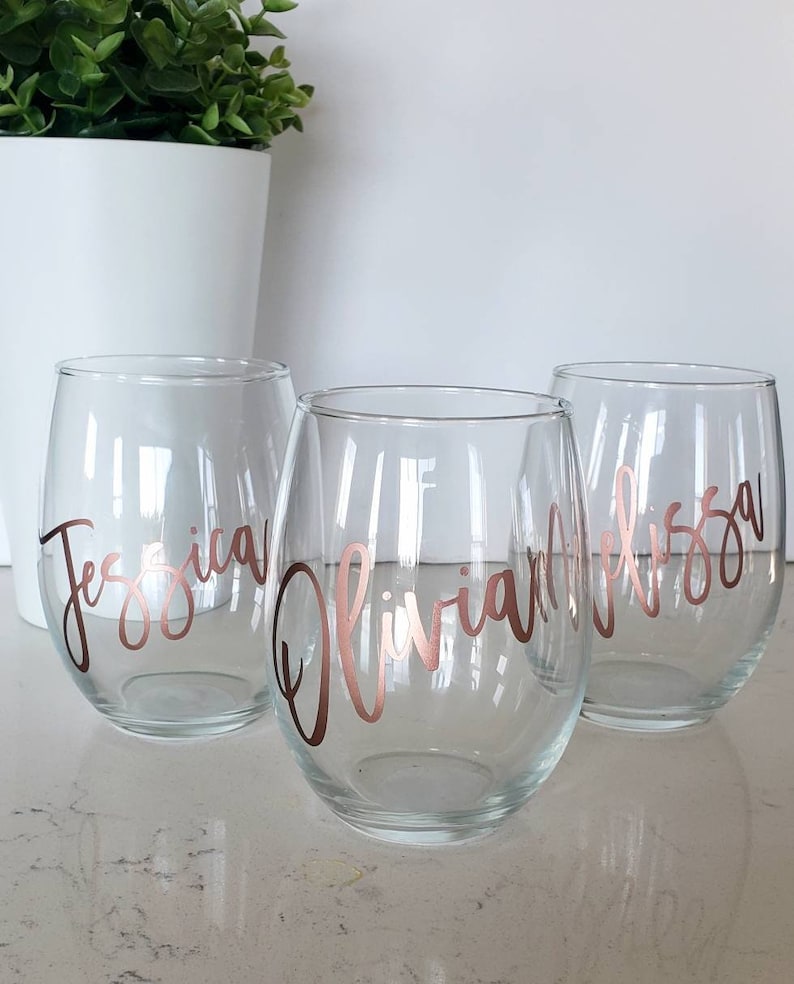 Custom Stemless Wine Glass Personalized Wine Glass Name Wine Glass Bridesdaid Wine Glass Party Favor Glass Bachelorette Glass image 2