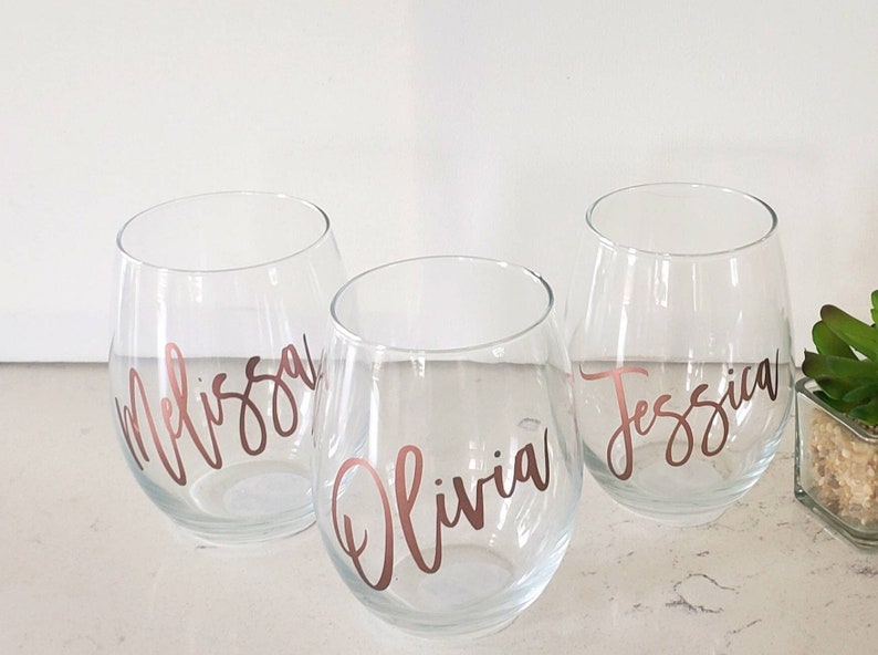 Custom Stemless Wine Glass Personalized Wine Glass Name Wine Glass Bridesdaid Wine Glass Party Favor Glass Bachelorette Glass image 1