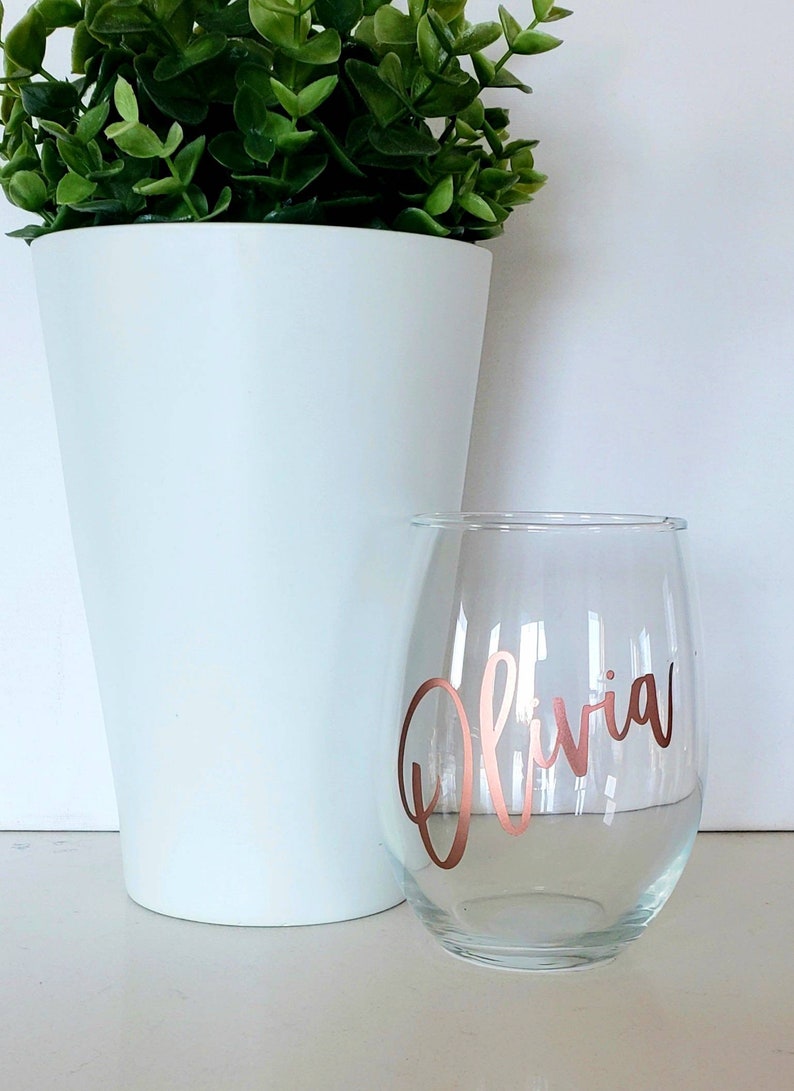 Custom Stemless Wine Glass Personalized Wine Glass Name Wine Glass Bridesdaid Wine Glass Party Favor Glass Bachelorette Glass image 3