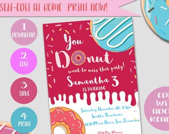 Donut Birthday Invitation, Printable Party Invites (Digital File)
