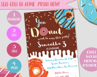 Donut Birthday Invitation, Printable Party Invites (Digital File)
