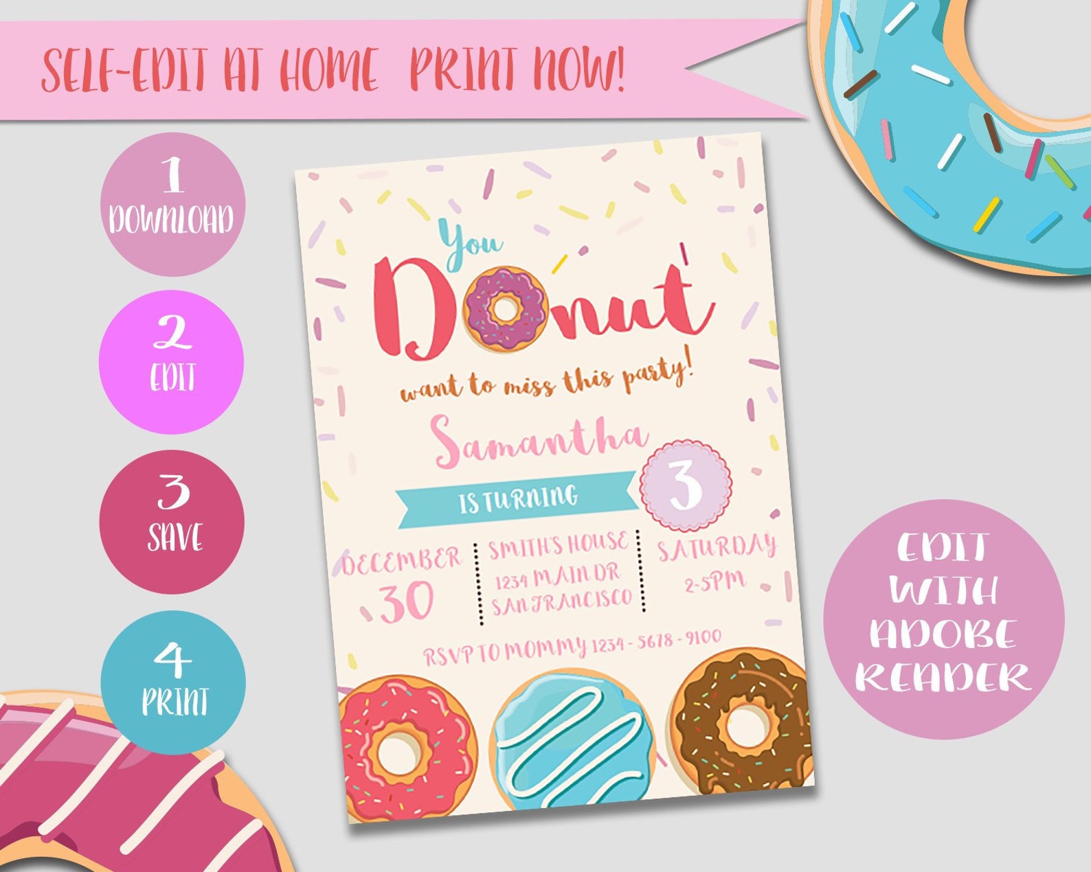 Donuts / Invitation / Invites / Donuts Birthday Invitation / Party ...