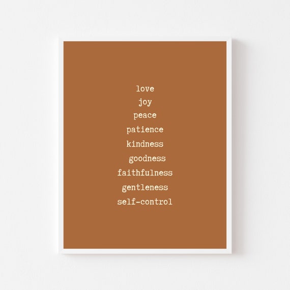 Galatians 5:22 Minimalist Wall Art Print | "Love Joy Peace Patience Kindness..." Burnt Orange & White Typewriter Font