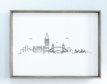 London City Skyline Print | Minimalist Black & White Wall Art | London, England Skyline Digital Download