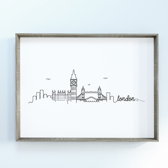 London City Skyline Print | Minimalist Black & White Wall Art | London, England Skyline Digital Download