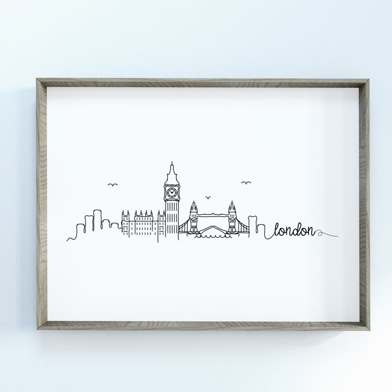 May include: A black and white line drawing of the London skyline, featuring Big Ben, the Houses of Parliament, and Tower Bridge. The word "london" is written in cursive below the skyline.