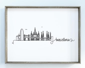 Barcelona City Skyline Druck | Minimalistisch Schwarz &Weiß Wandkunst | Barcelona, Spanien Skyline Digitaler Download