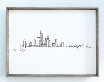 Chicago City Skyline Print | Minimalist Black & White Wall Art | Chicago, Illinois Skyline Digital Download
