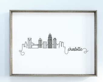 Charlotte City Skyline Print | Minimalist Black & White Wall Art | Charlotte, North Carolina Skyline Digital Download