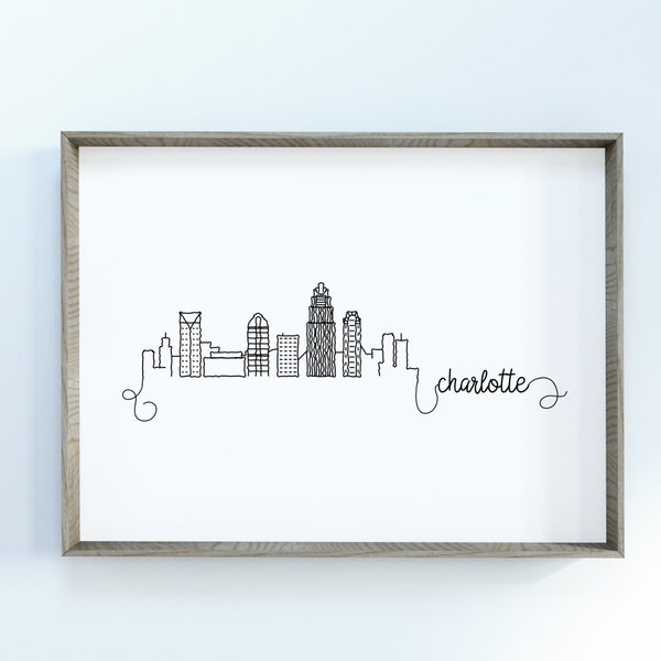 Charlotte City Skyline Print | Minimalist Black & White Wall Art | Charlotte, North Carolina Skyline Digital Download