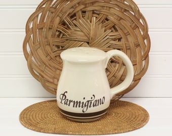 Vintage Parmesan Cheese Shaker/Ceramic Parmigiano Cheese Shaker with Handle/Off-White Glaze/Brown Lettering and Stripes