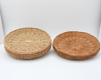 Vintage Wicker Plate Holders Set of 4/Rattan Serving Platters/Table Centerpieces/Woven Paper Plate Holder/Wicker Crafts/Boho Wall Decor