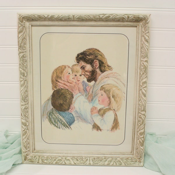 Vintage Jesus and the Little Children Framed Picture with Hanger/1962 Frances Hook Print/Christian Wall Decor/Wall Art/Kids Bedroom/Nursery