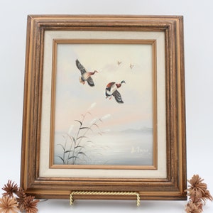 Vintage Original Handpainted Duck Painting/Pair of Mallard Ducks Flying/Bird Wall Art/Black and Gold Wooden Frame/Artist's Signature