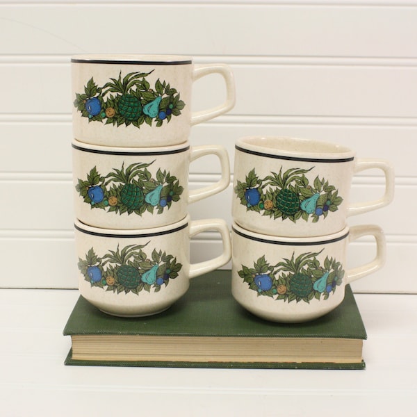 Vintage Temper-Ware by Lenox Mugs/Fall Bounty Pattern/Set of 5 Coffee Mugs/Stoneware Tea Cups/Ceramic Mugs/Fruit Design/Made in USA