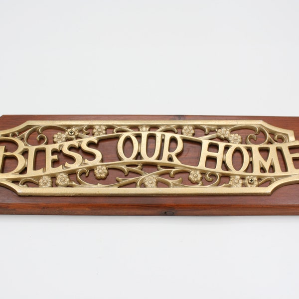Vintage Bless Our Home Wall Plaque/Gold-Toned Metal or Plastic and Wooden Wall Decor/Medium Brown Wood/Concave Corners/Openwork
