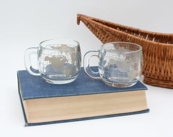 Vintage Nestle Nescafe World Globe Coffee Mugs/1970s Clear Glass World Map Mugs/Geography Drinkware/Collectible Mugs/Set of 2 Two