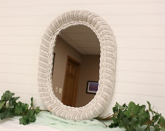 Vintage White Rattan Framed Mirror/Oval Wicker Wall Mirror/Natural Woven Accent Vanity Mirror/Two Hanging Positions/Boho Beach Wall Decor