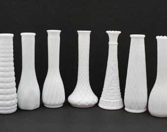 Vintage Milk Glass Bud Vases/Assortment Set of 7/Variety of Textures/Decor for Baby or Bridal Shower/Wedding or Birthday Decor/Shabby Chic