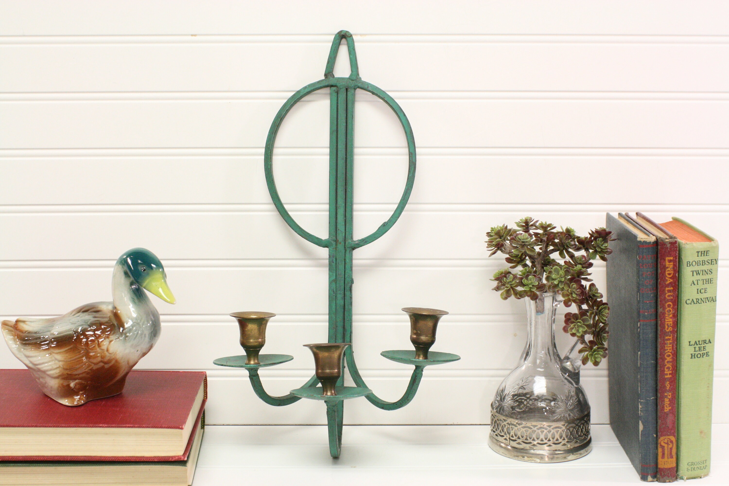 Vintage Wrought Iron and Brass Candleholder/Green Candelabra Wall Sconce/Metal Wall Sconce/Taper Candlestick Holder/Made in India