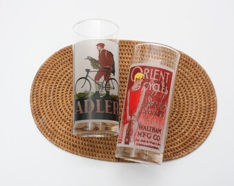 Vintage Bicycle Beverage Glasses/Historical Advertising Posters/Orient Cycles/Adler Bicycles/Collectible Glasses/Drinkware/Set of 2