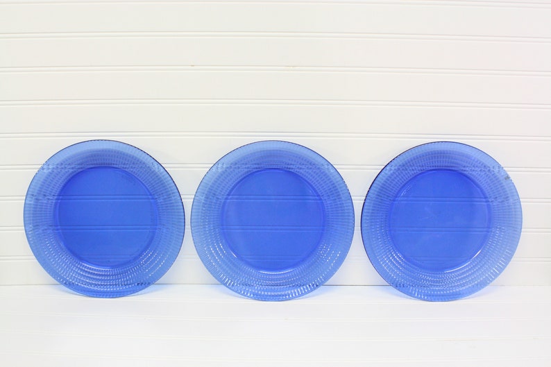 Vintage cobalt blue glass plates round dinner plates set of 3 made in