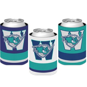May include: Three white can coolers with a blue and teal design. The design features a cartoon beaver holding a hockey stick and the letter "W".