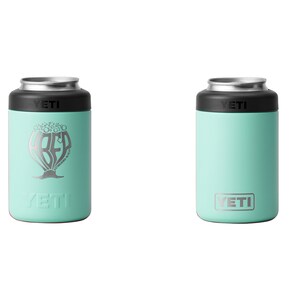 May include: Two mint-colored YETI can insulators. One features the text "BFD" in a stylized design with the YETI logo below. The other has the YETI logo. Both have a black top and silver rim.
