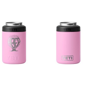 May include: Two pink insulated beverage holders with a silver rim and black top. One has a silver graphic with the word "ABED" and a tree design. The other has the brand logo "YETI".