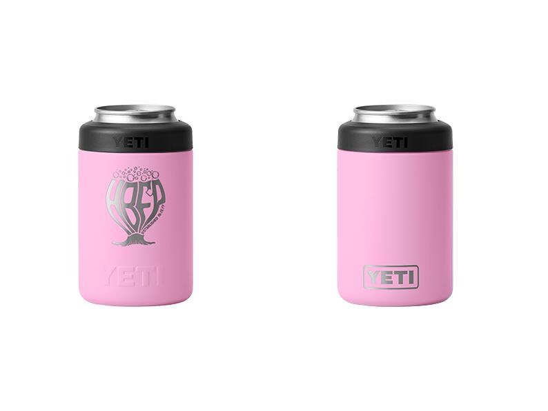 May include: Two pink insulated beverage holders with a silver rim and black top. One has a silver graphic with the word "ABED" and a tree design. The other has the brand logo "YETI".