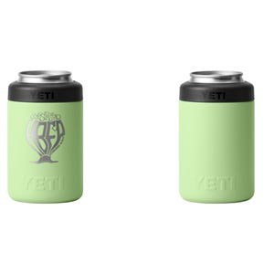 May include: Two light green YETI can coolers. One has a silver graphic with the text "BEER" in a stylized design. The other cooler is plain. Both have a black top and silver rim. The YETI logo is at the bottom.