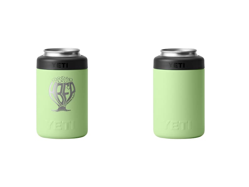 May include: Two light green YETI can coolers. One has a silver graphic with the text "BEER" in a stylized design. The other cooler is plain. Both have a black top and silver rim. The YETI logo is at the bottom.