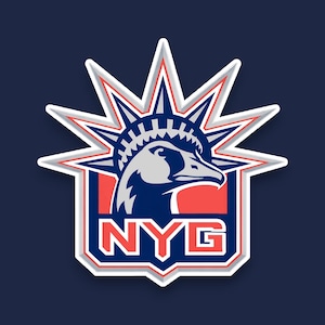 May include: A graphic logo featuring a stylized goose head wearing a crown with seven points, set against a dark blue background. Below the goose, the letters NYG are displayed in bold red font with a white outline, all enclosed within a shield shape.