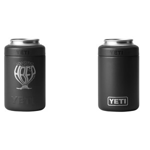 May include: Two black YETI can insulators. One features the word "HREF" in a stylized design with a tree-like base and the YETI logo. The other has a plain black surface with the YETI logo in a white rectangle.